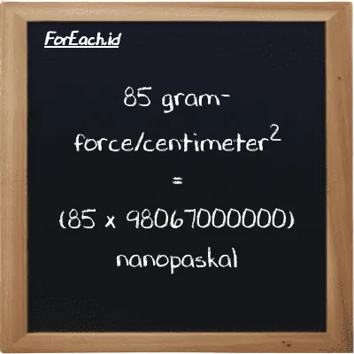 85 gram-force/centimeter<sup>2</sup> setara dengan 8335700000000 nanopaskal (85 gf/cm<sup>2</sup> setara dengan 8335700000000 nPa)